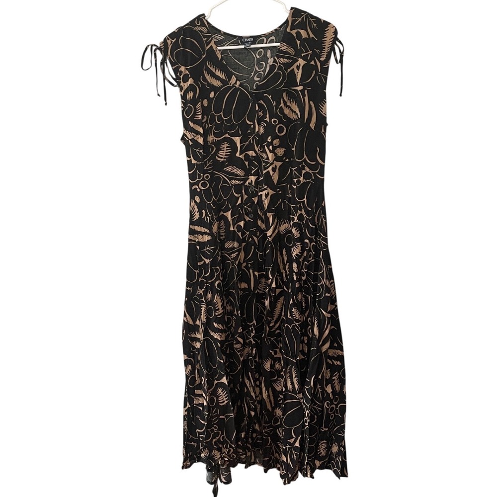 Chaps Midi Dress XL Black Tan Floral Button Front Boho wedding guest cottagecore